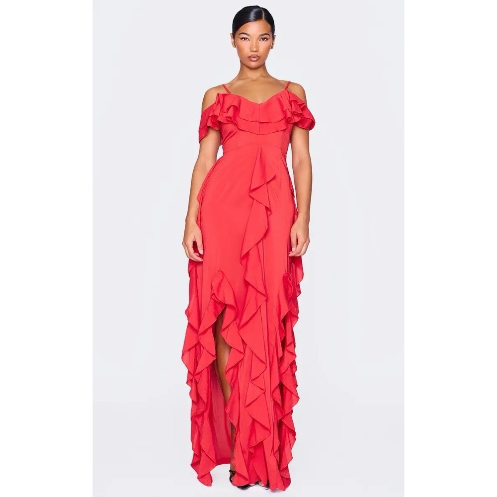 PRETTYLITTLETHING Cold Shoulder Ruffle Detail Maxi Dress Women's 4 Red Nwt